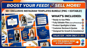 Unlock the Professional Edge: 50 Fully Customizable Instagram Post Templates (PNG Bundle)